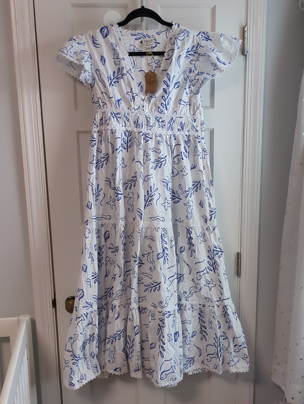 Sage White Dress with Blue Floral Print